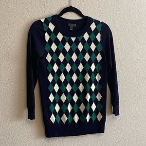 J. Crew Navy Argyle Sweater with Green and White Accents